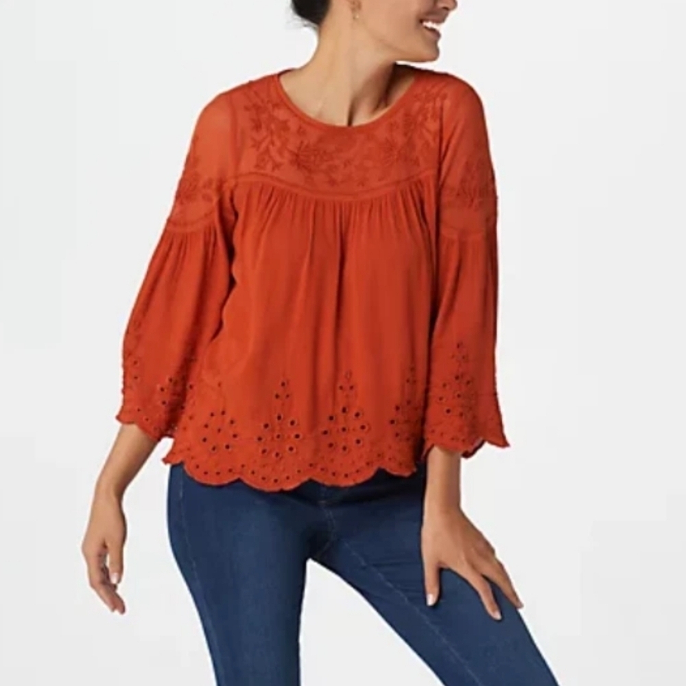 Haute Hippie Tribe Rena Embroidered Mesh Trumpet Sleeve Flowy Blouse Spiced Tea
